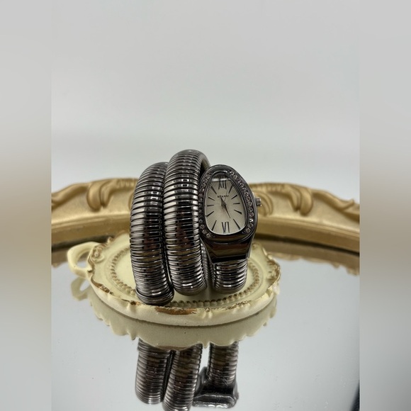 Gunmetal Coil Bracelet Watch with Silver Dial – Stretch Statement Watch - Picture 3 of 8